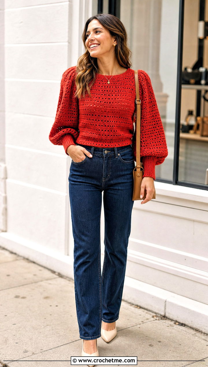 Puff Sleeve Crochet Blouse With Straight Leg Jeans - 30 diy crochet top outfit ideas
