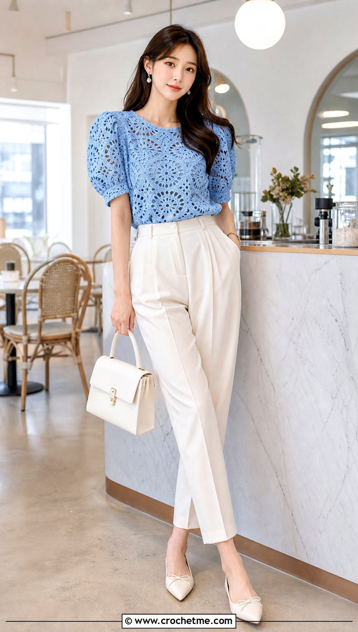 Puff Sleeve Crochet Blouse With Tailored Trousers - 30 anime inspired crochet clothes and outfit ideas
