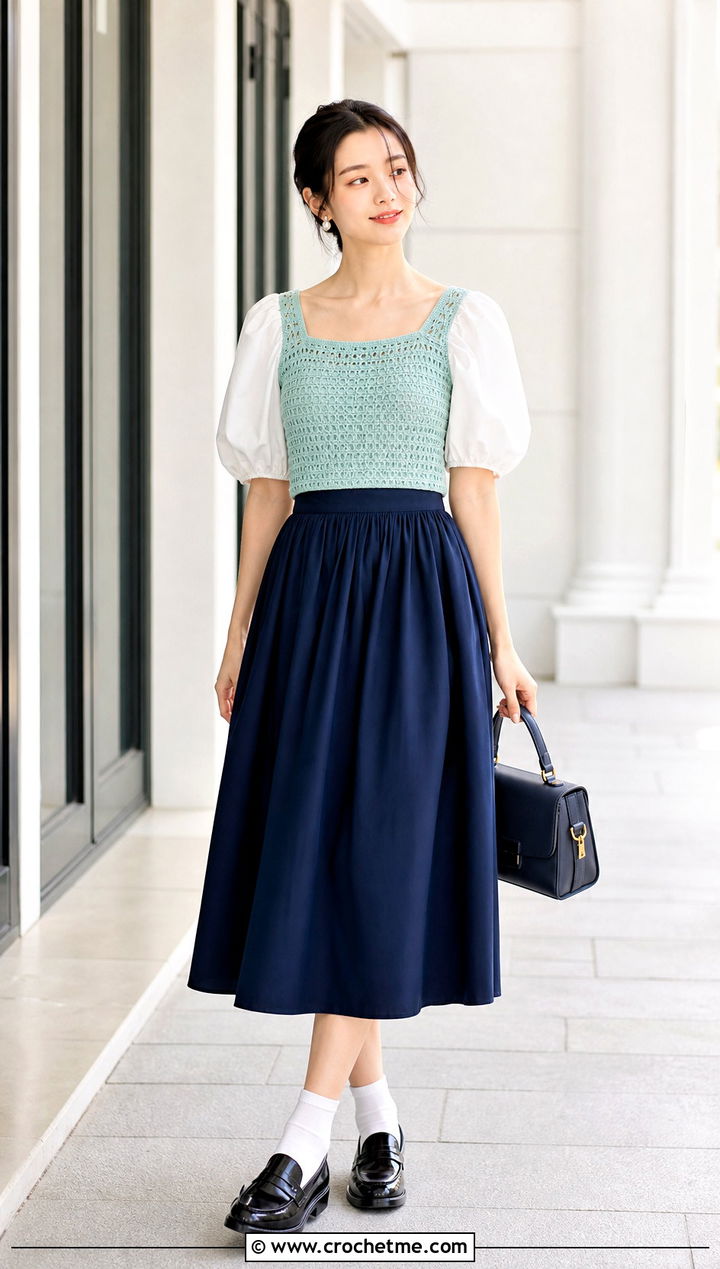 Puff Sleeve Crochet Bodice Dress With Loafers - 25 crochet bodice dress outfit ideas