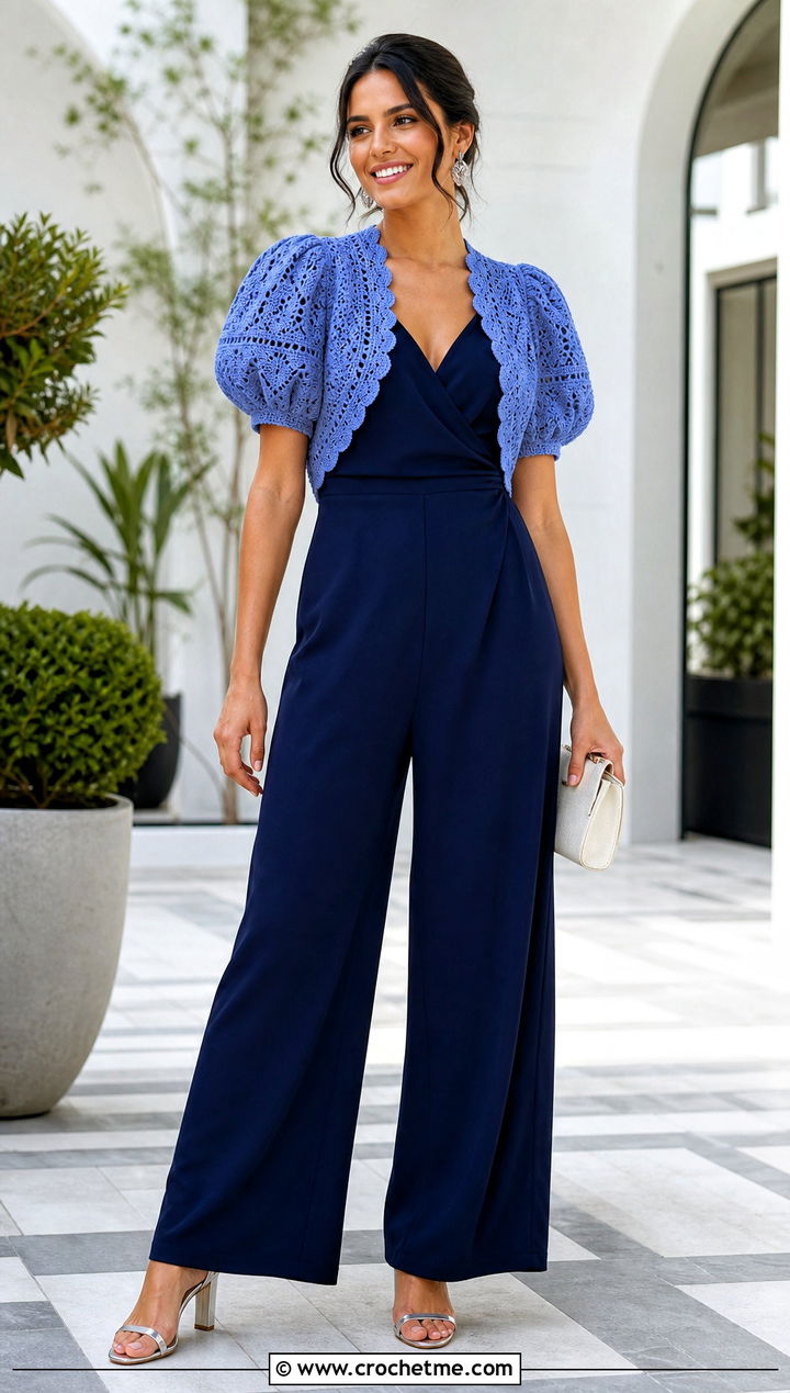 Puff Sleeve Crochet Bolero With Jumpsuit - 25 Crochet Shrug Cardigan outfit ideas