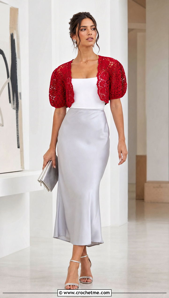 Puff Sleeve Crochet Bolero With Satin Skirt - 15 crochet spring summer bolero outfit ideas