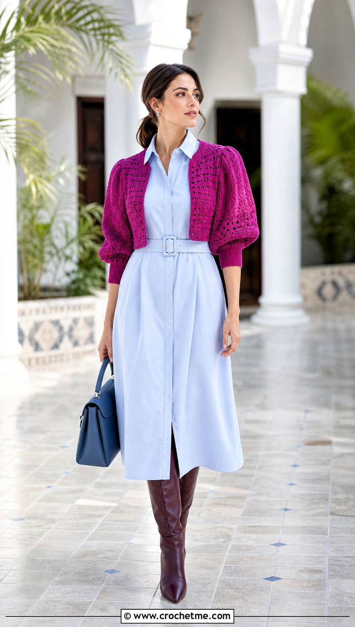 Puff Sleeve Crochet Bolero With Shirt Dress - 20 Super Cropped Crochet Sweater outfit ideas