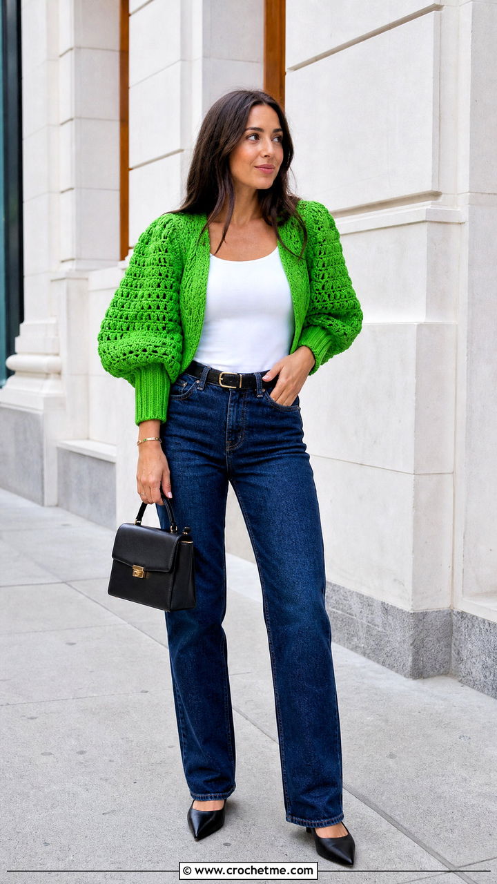 Puff Sleeve Crochet Bolero With Straight Leg Jeans - 35 crochet bolero outfit ideas