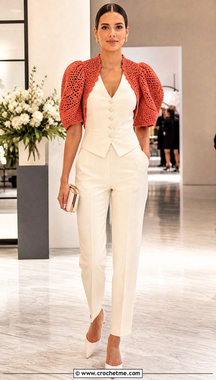 Puff Sleeve Crochet Bolero With Waistcoat Suit - 30 Crochet Long Sleeve Half Top outfit ideas