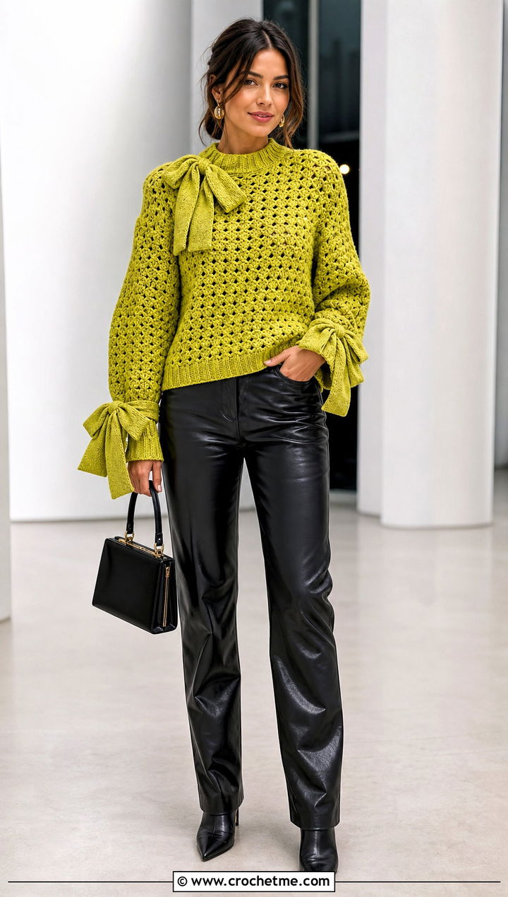 Puff Sleeve Crochet Bow Sweater With Leather Pants - 25 crochet bow sweater outfit ideas