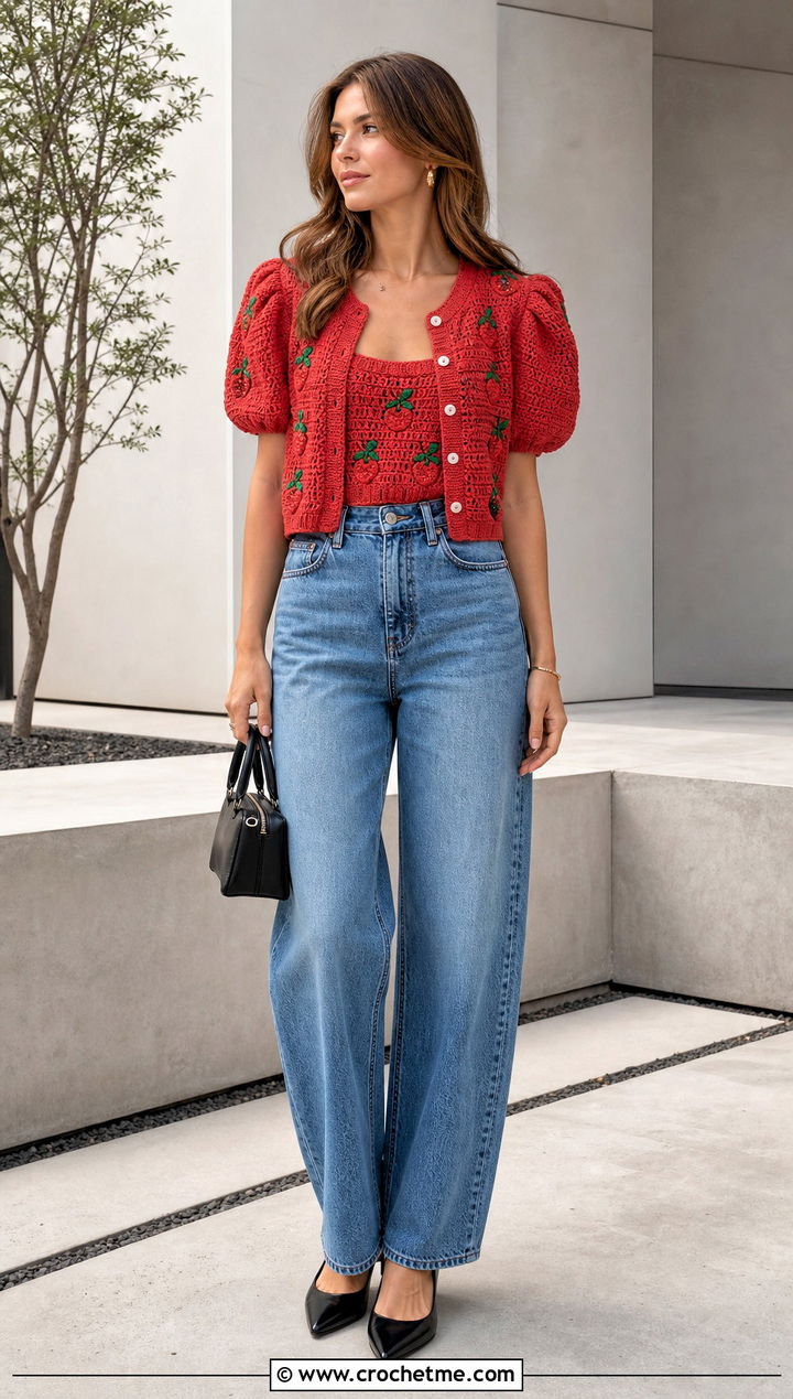 Puff Sleeve Crochet Button Down Shirt With Barrel Jeans - 30 crochet button down shirt outfit ideas