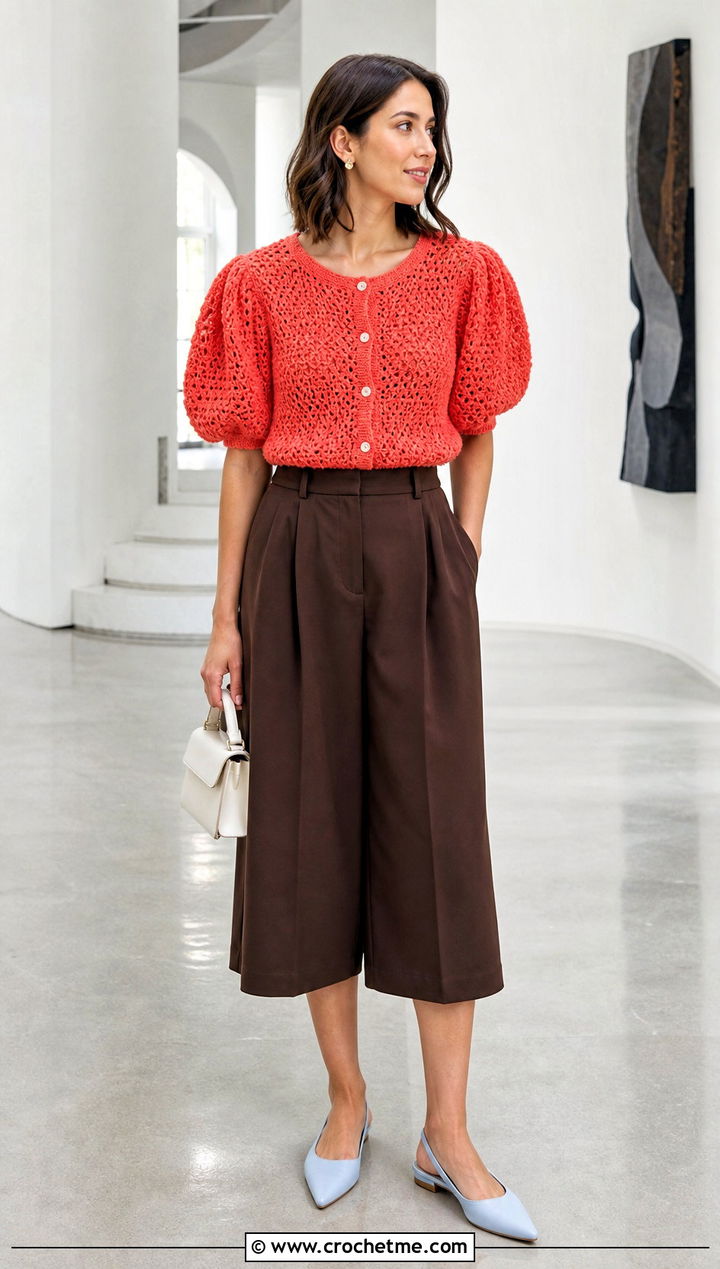 Puff Sleeve Crochet Button Sweater With Culottes - 30 Crochet Button Sweater outfit ideas