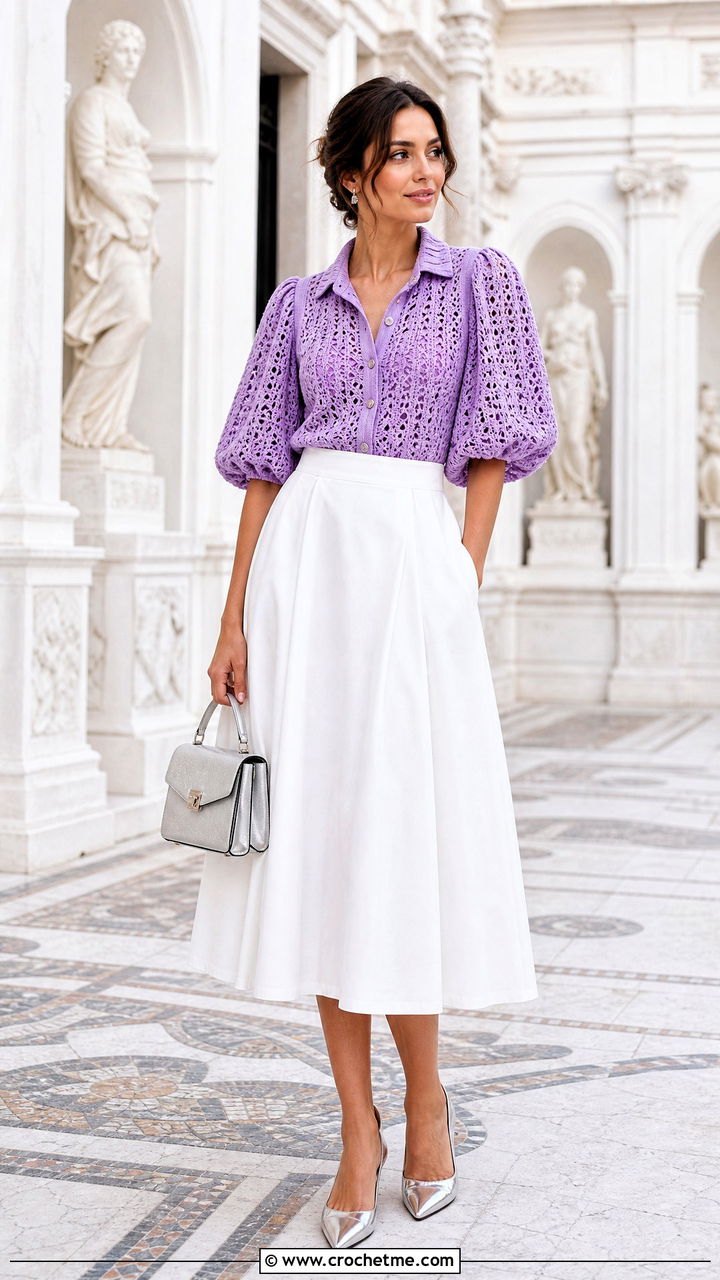 Puff Sleeve Crochet Button Up Shirt With A Line Midi Skirt - 35 crochet button up shirt outfit ideas