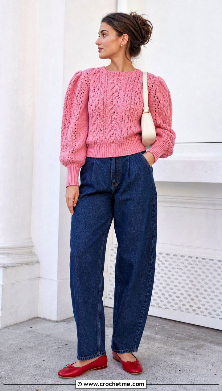 Puff Sleeve Crochet Cable Sweater With Barrel Jeans - 25 Cable Knit Crochet Sweater outfit ideas