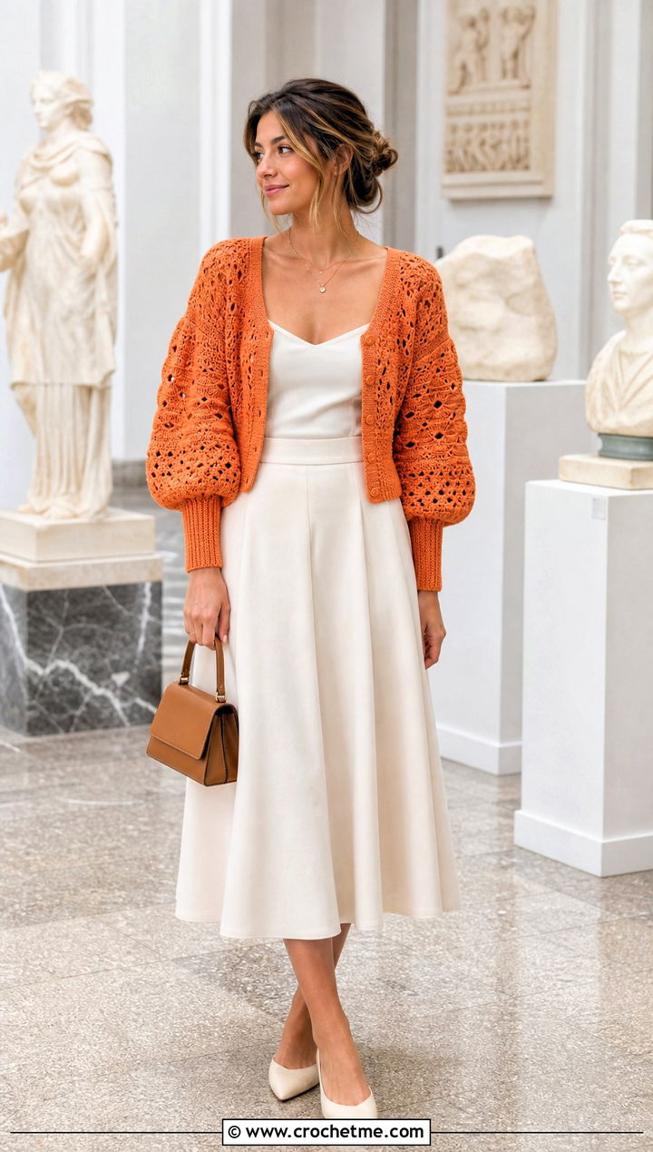 Puff Sleeve Crochet Cardigan With A Line Skirt - 30 crochet for cardigans outfit ideas