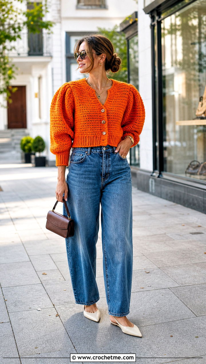 Puff Sleeve Crochet Cardigan With Barrel Jeans - 25 Autumn Crochet Cardigan outfit ideas