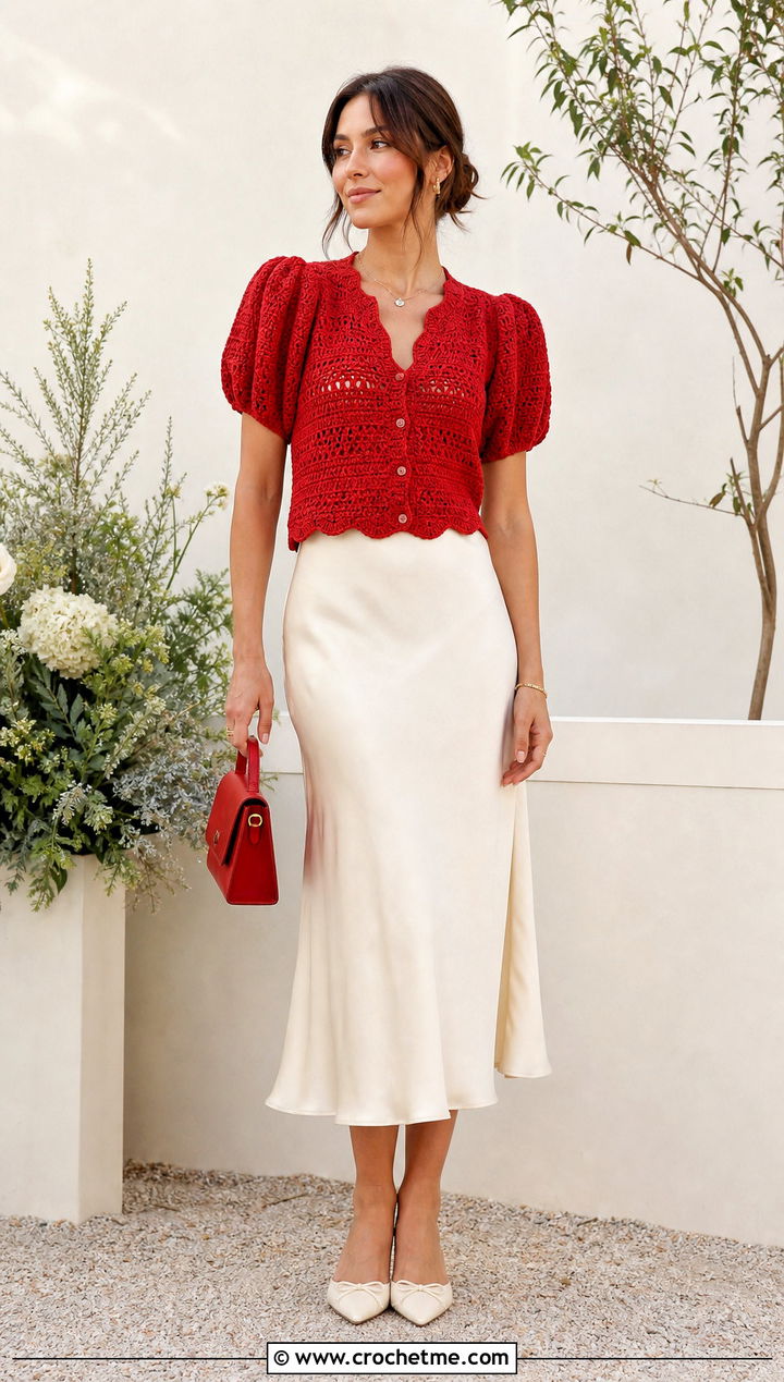 Puff Sleeve Crochet Cardigan With Bias Cut Midi Skirt - 30 fast crochet cardigan outfit ideas