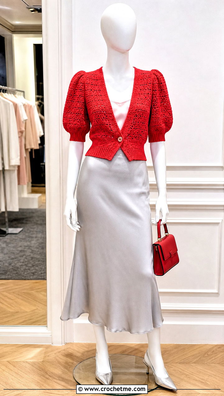 Puff Sleeve Crochet Cardigan With Bias Cut Skirt - 15 Crochet Cardigan On Mannequin outfit ideas