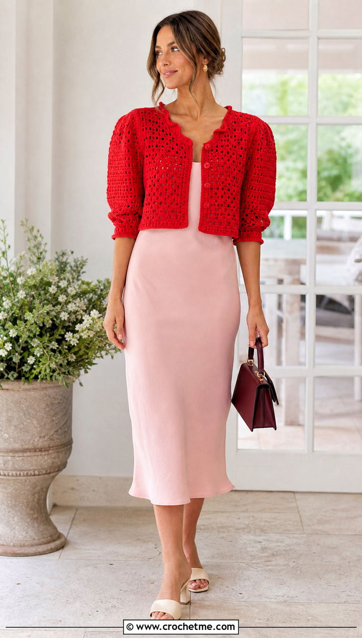 Puff Sleeve Crochet Cardigan With Column Dress - 15 Easy Crochet Cardigan For Women outfit ideas