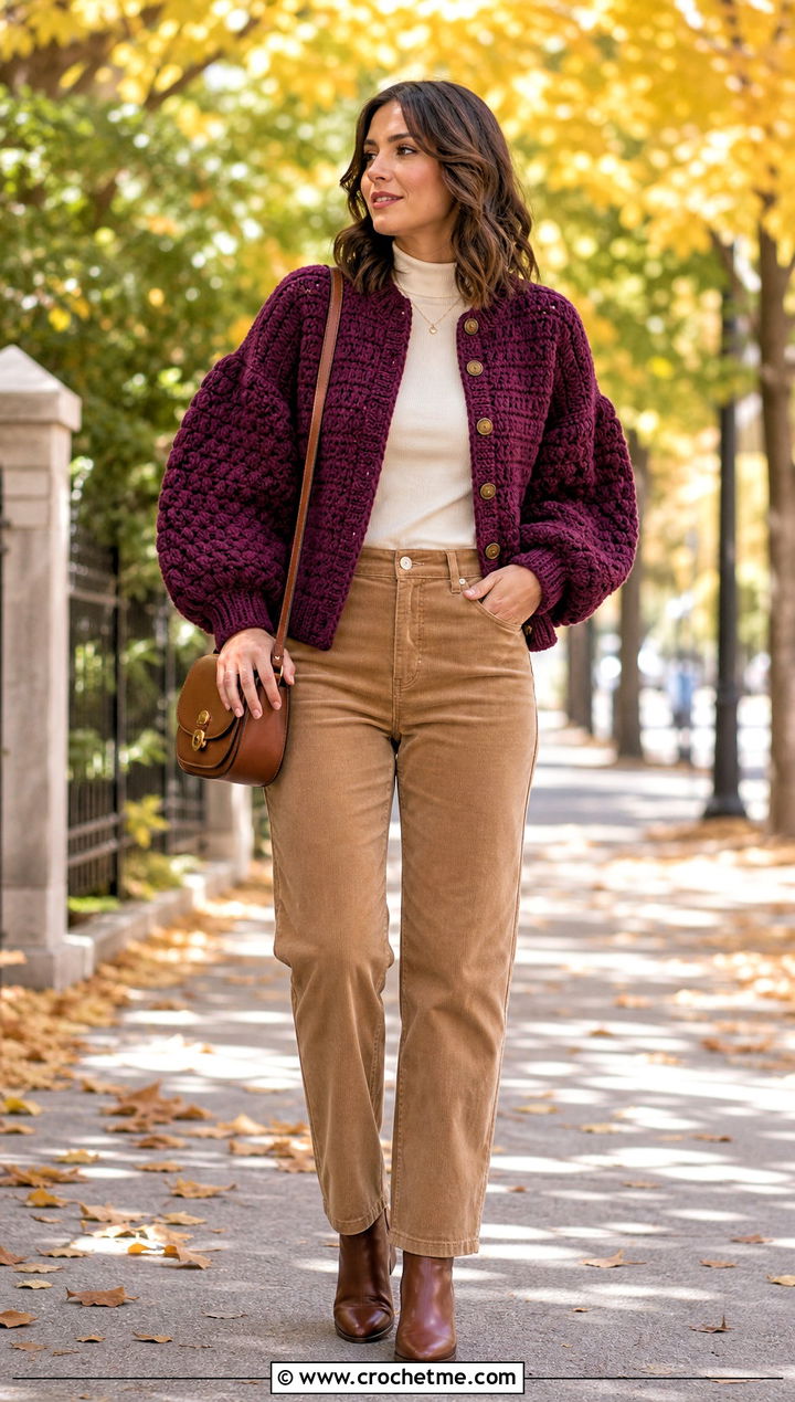 Puff Sleeve Crochet Cardigan With Corduroy Pants - 25 kawaii crochet cardigan outfit ideas
