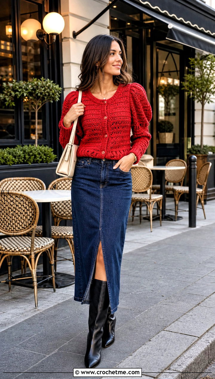Puff Sleeve Crochet Cardigan With Denim Midi Skirt - 15 classic crochet cardigan outfit ideas