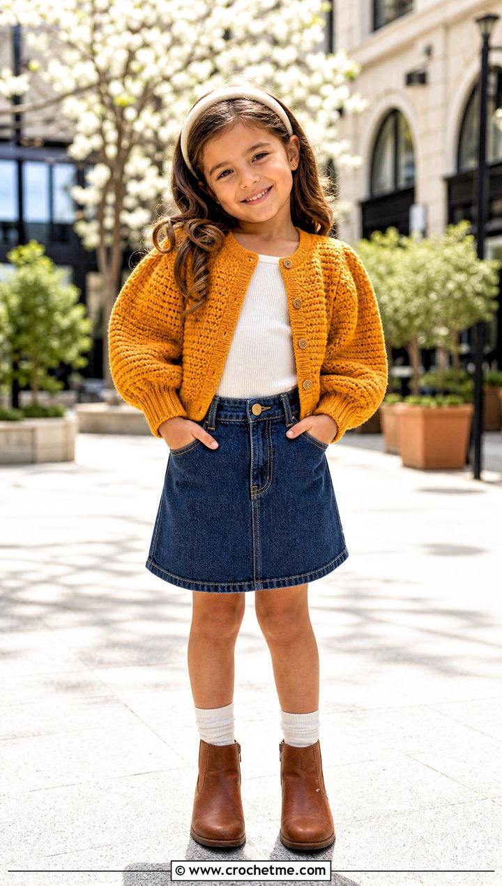 Puff Sleeve Crochet Cardigan With Denim Skirt - 25 Childs Crochet Cardigan outfit ideas
