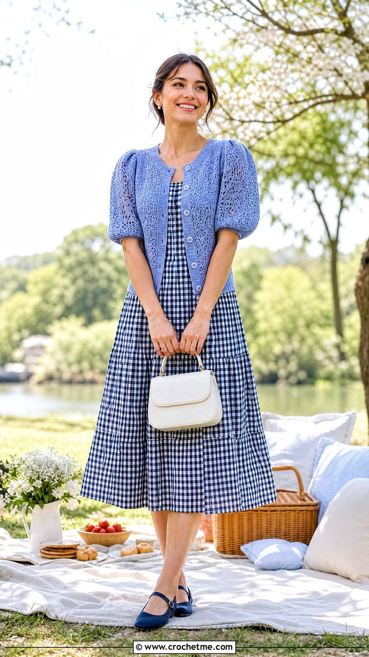 Puff Sleeve Crochet Cardigan With Gingham Dress - 35 cute crochet cardigan outfit ideas