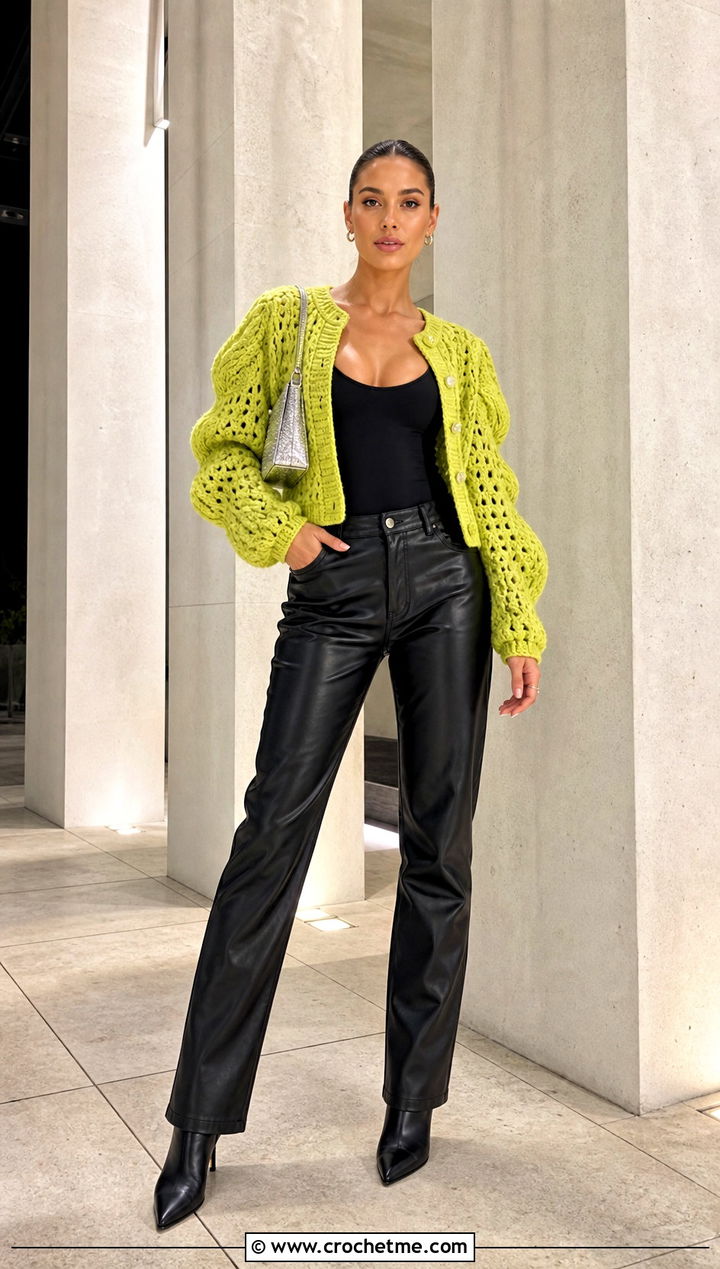 Puff Sleeve Crochet Cardigan With Leather Pants - 25 Simple Crochet Cardigan For Women outfit ideas
