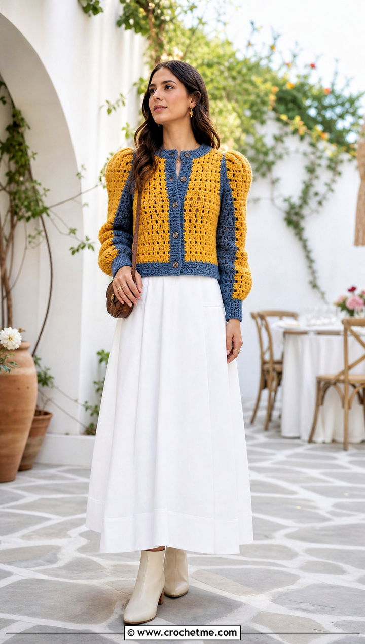 Puff Sleeve Crochet Cardigan With Maxi Skirt - 30 two color crochet cardigan outfit ideas
