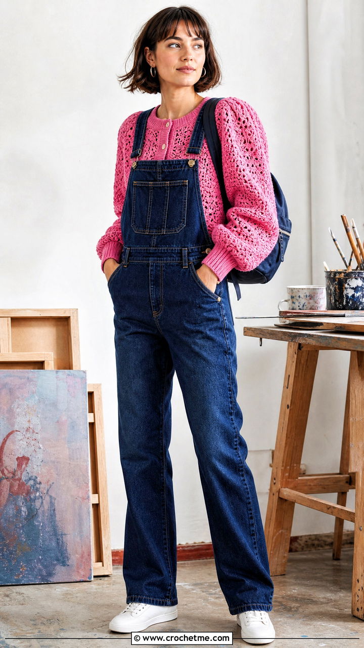 Puff Sleeve Crochet Cardigan With Overalls - 35 crochet cardigans for women outfit ideas
