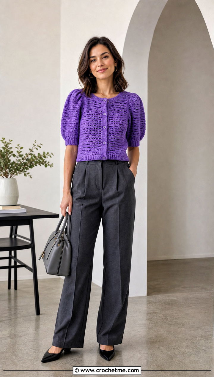 Puff Sleeve Crochet Cardigan With Pleated Trousers - 30 short sleeve crochet cardigan outfit ideas