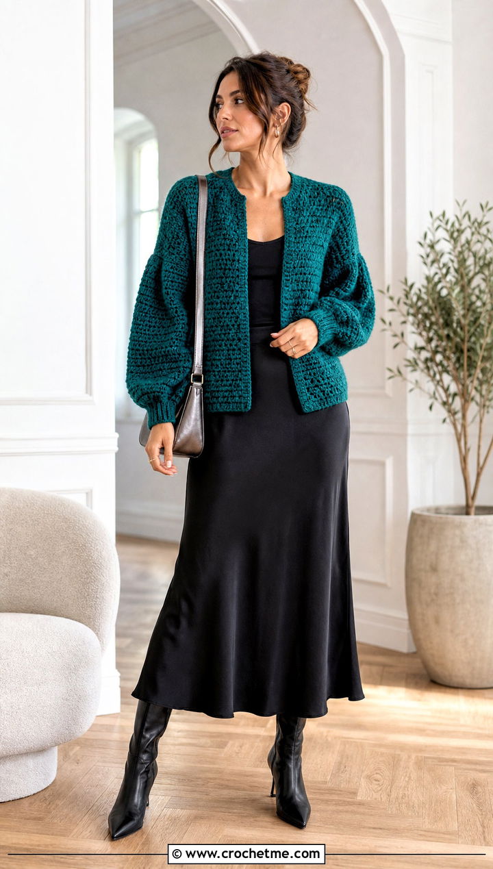 Puff Sleeve Crochet Cardigan With Satin Skirt - 25 halloween crochet cardigan outfit ideas
