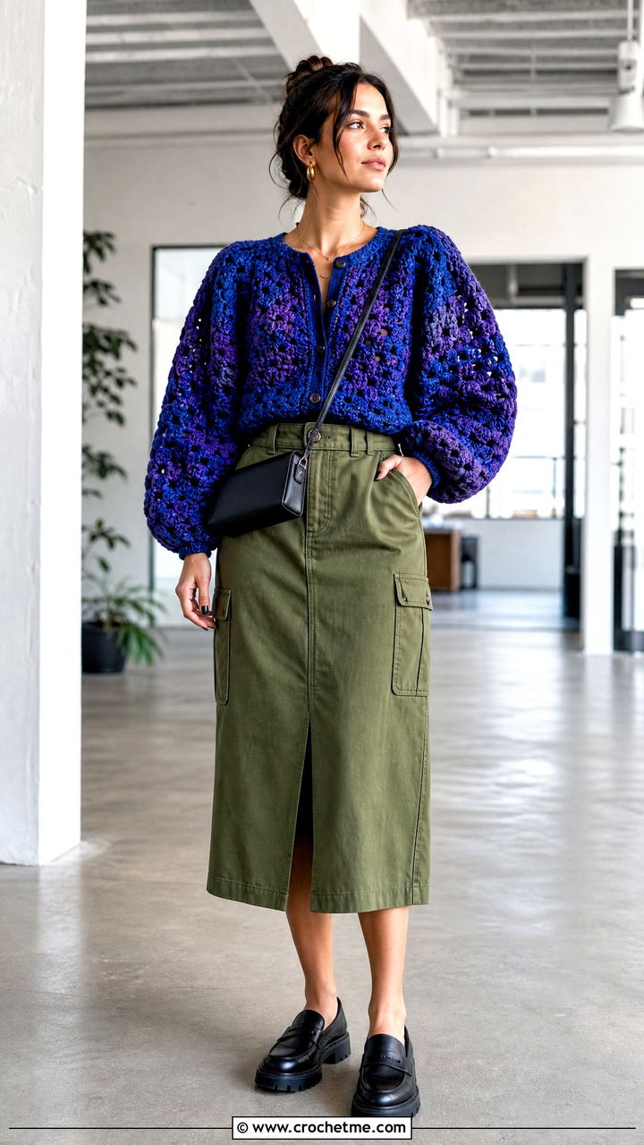 Puff Sleeve Crochet Cardigan With Utility Midi Skirt - 35 crochet cardigan ideas