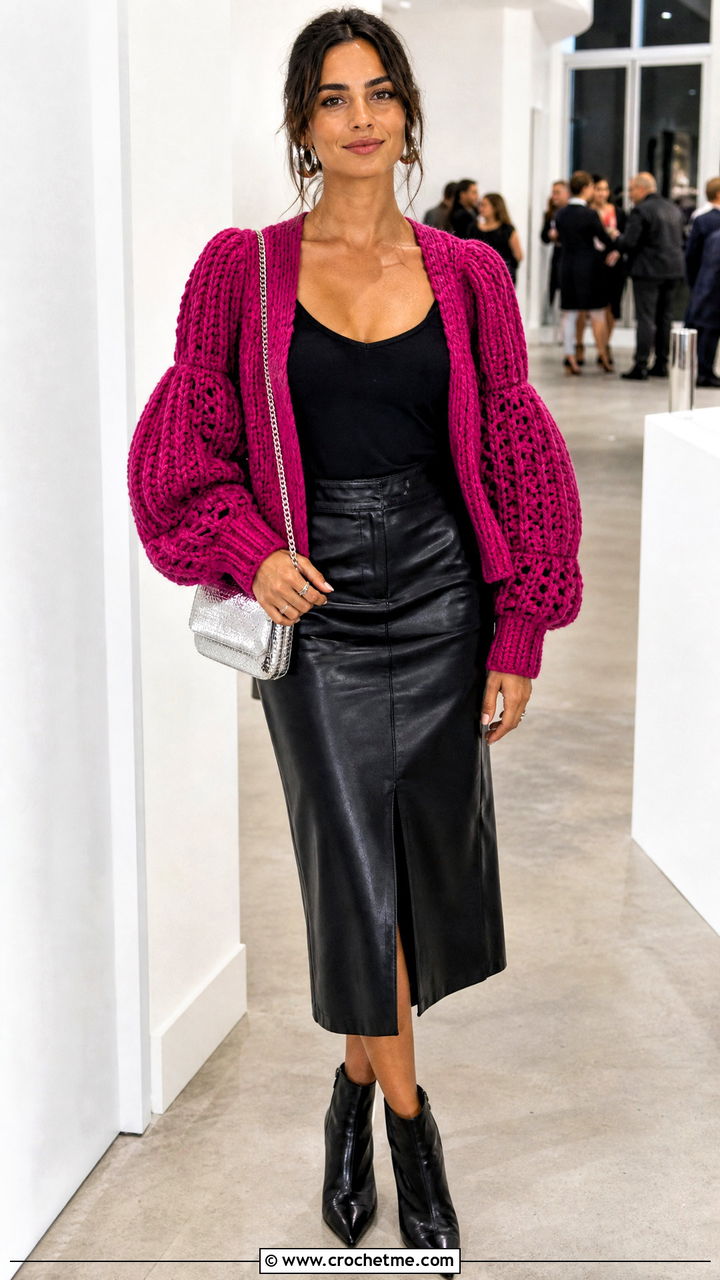 Puff Sleeve Crochet Cardigan With a Leather Midi Skirt - 35 beginner crochet cardigan outfit ideas