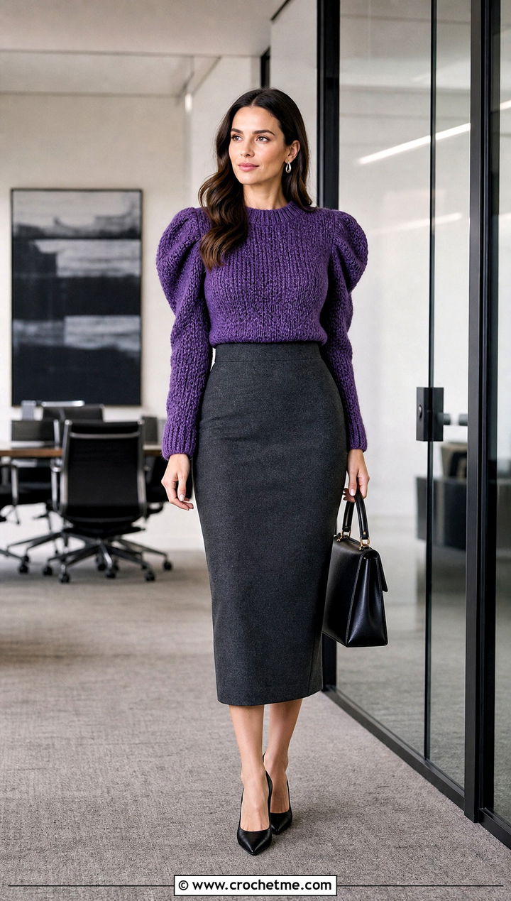 Puff Sleeve Crochet Cashmere Sweater With Pencil Skirt - 30 crochet cashmere sweater outfit ideas