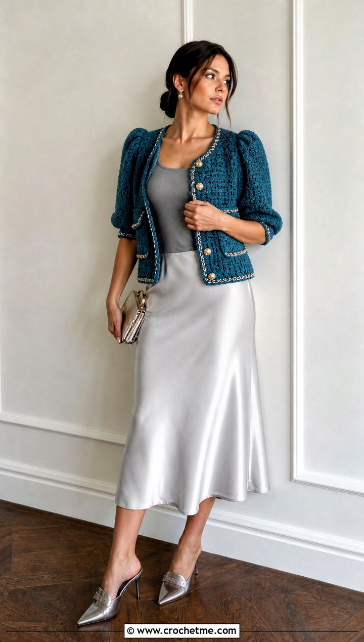 Puff Sleeve Crochet Chanel Jacket With Satin Skirt - 30 crochet chanel jacket outfit ideas