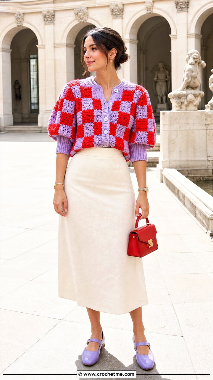 Puff Sleeve Crochet Checkered Cardigan With A Line Midi Skirt - 35 crochet checkered cardigan outfit ideas