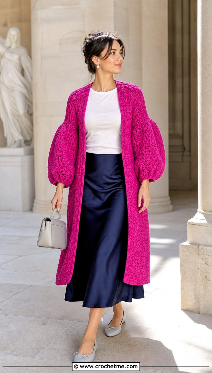 Puff Sleeve Crochet Coat With Satin Skirt - 35 crochet long coat outfit ideas