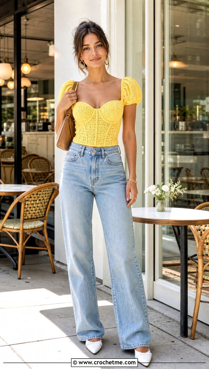 Puff Sleeve Crochet Corset Top With Straight Leg Jeans - 25 crochet corset top with sleeves outfit ideas