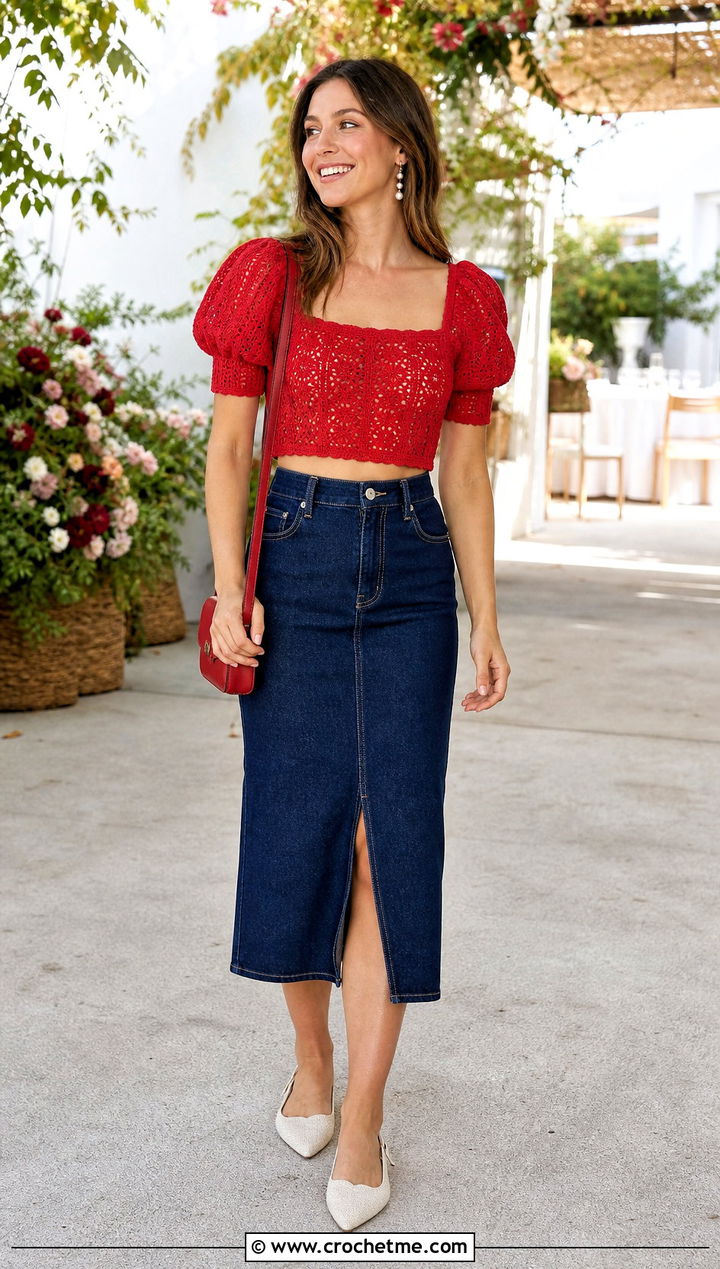 Puff Sleeve Crochet Crop Top With Denim Midi Skirt - 15 crochet crop tops for women outfit ideas