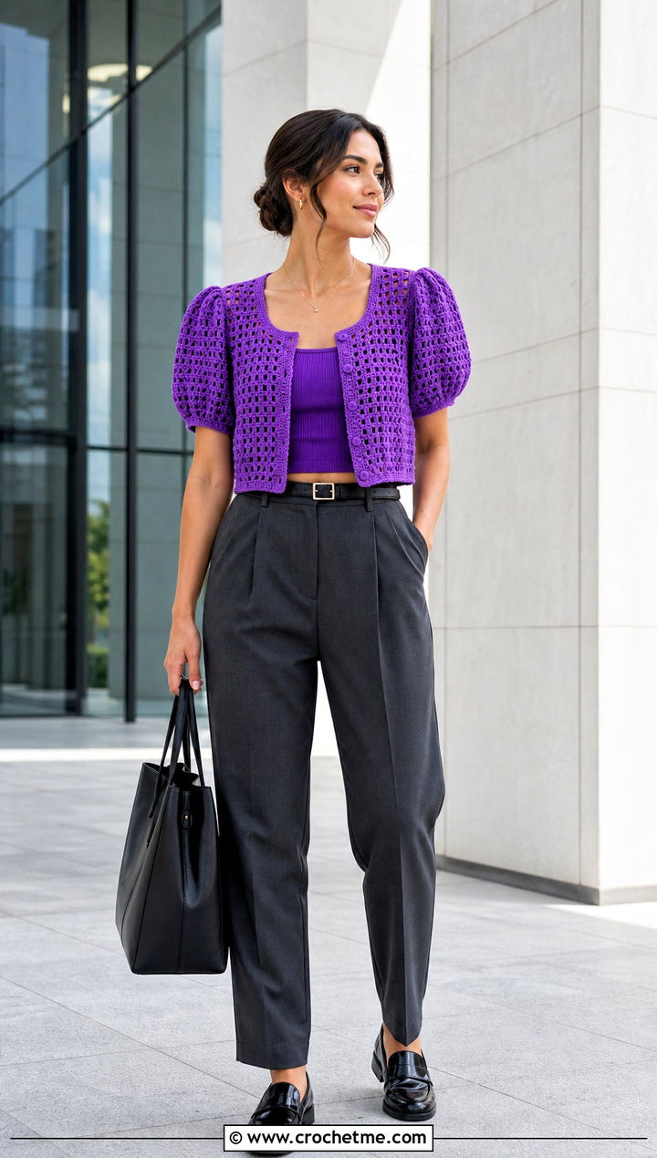 Puff Sleeve Crochet Crop Top With Tailored Trousers - 15 crochet crop top with sleeves outfit ideas