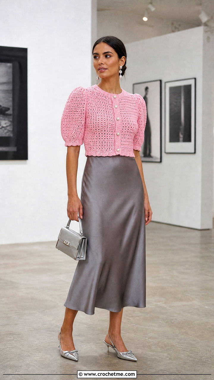 Puff Sleeve Crochet Cropped Cardigan With Satin Midi Skirt - 35 crochet cropped cardigan outfit ideas