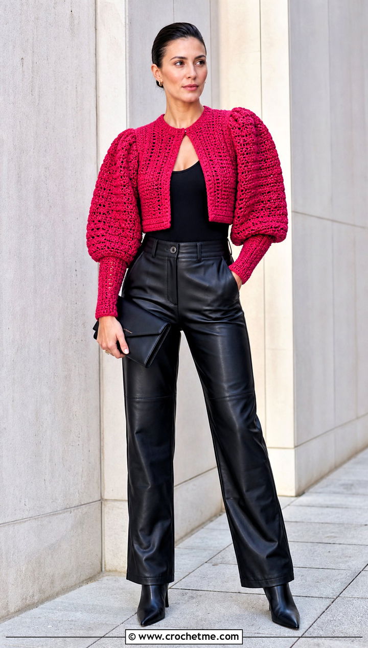 Puff Sleeve Crochet Cropped Shrug With Leather Pants - 25 Crochet Cropped Shrug outfit ideas