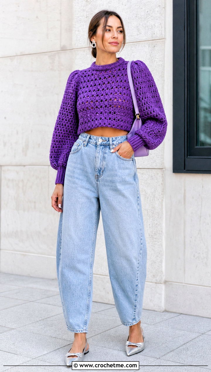 Puff Sleeve Crochet Cropped Sweater With Barrel Jeans - 20 Easy Crochet Cropped Sweater outfit ideas