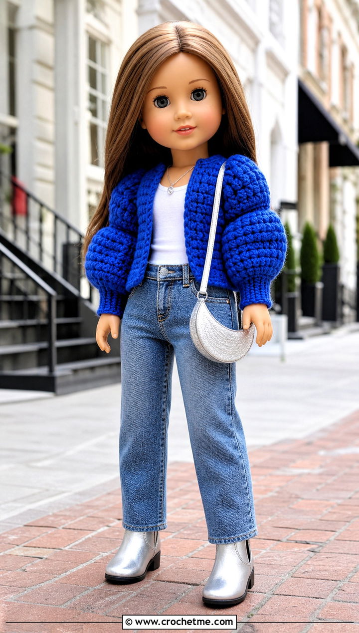 Puff Sleeve Crochet Doll Jacket With Straight Jeans - 30 crochet doll jacket outfit ideas