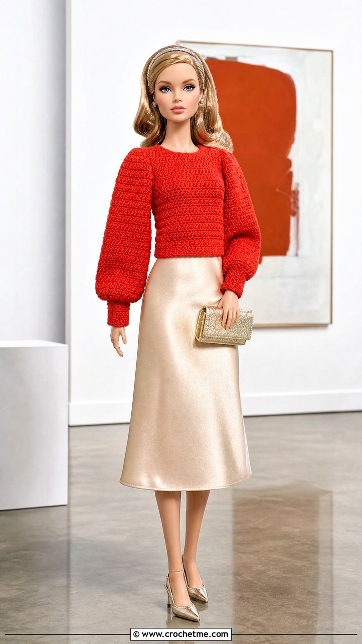 Puff Sleeve Crochet Doll Sweater With Satin Skirt - 35 crochet doll sweater outfit ideas