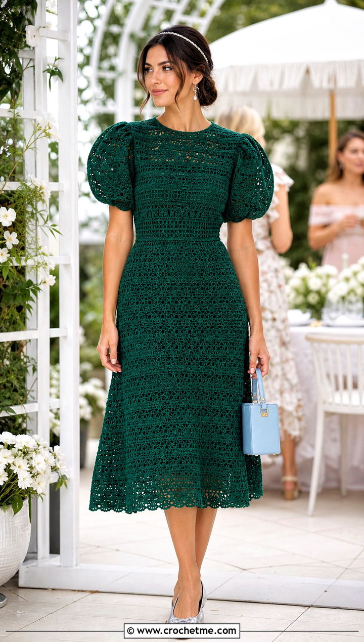 Puff Sleeve Crochet Dress With Ballet Flats - 15 colorful crochet dress on hanger outfit ideas
