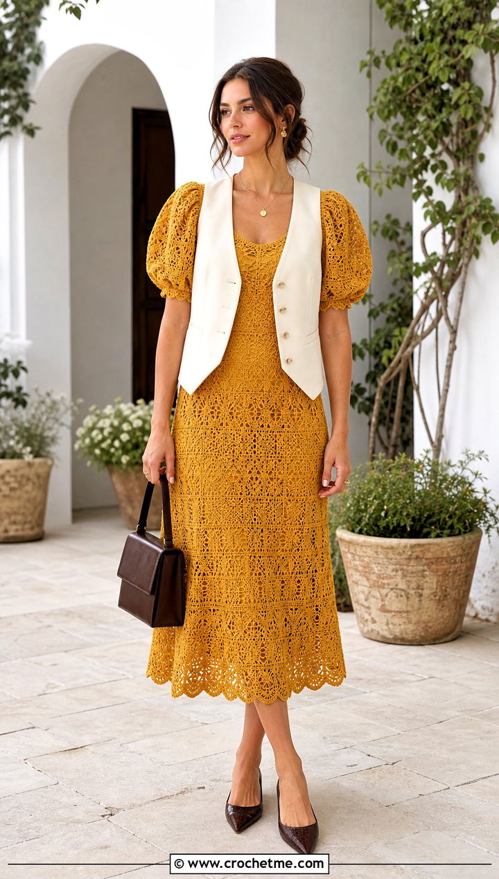 Puff Sleeve Crochet Dress With Pointed Flats - 35 vintage crochet dress outfit ideas