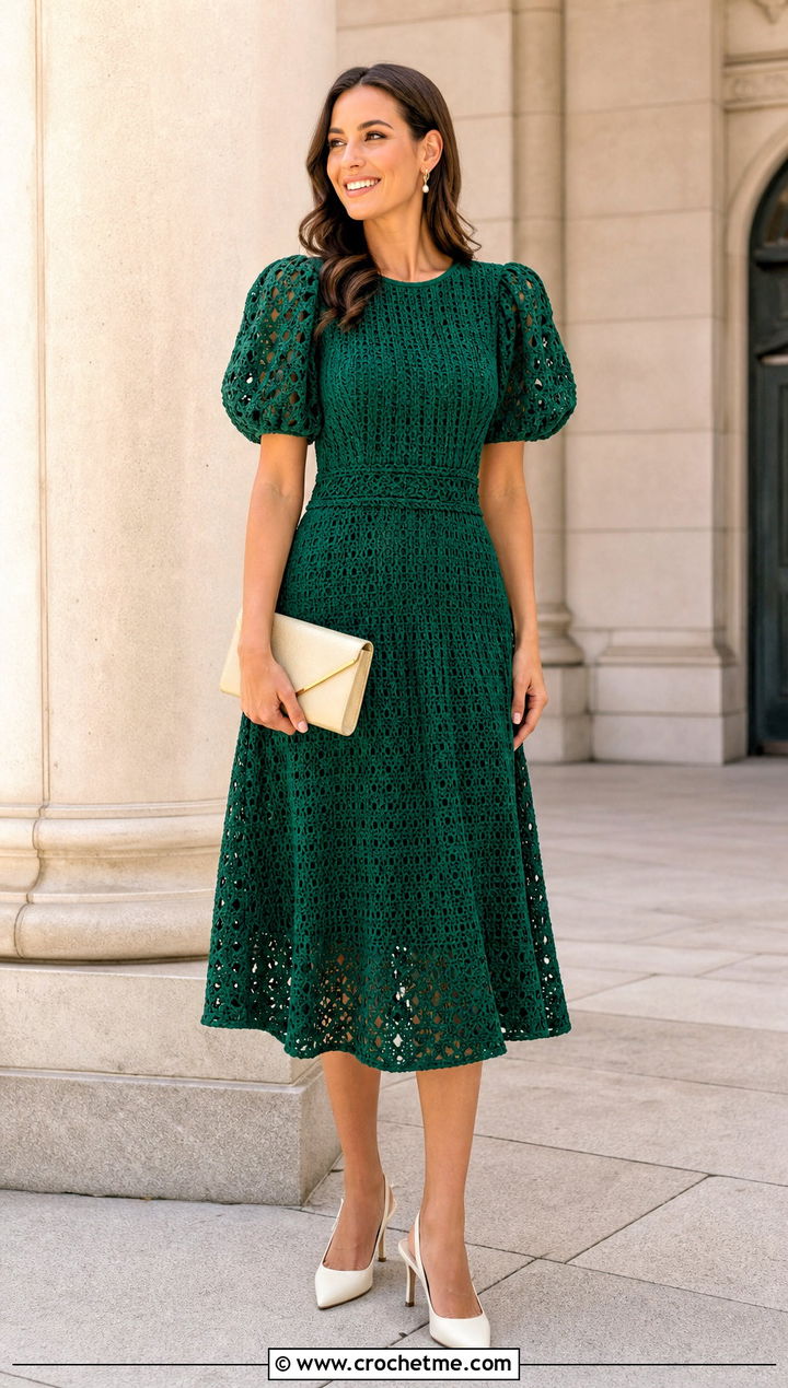 Puff Sleeve Crochet Dress With Slingback Heels - 35 Crocheting Dress outfit ideas