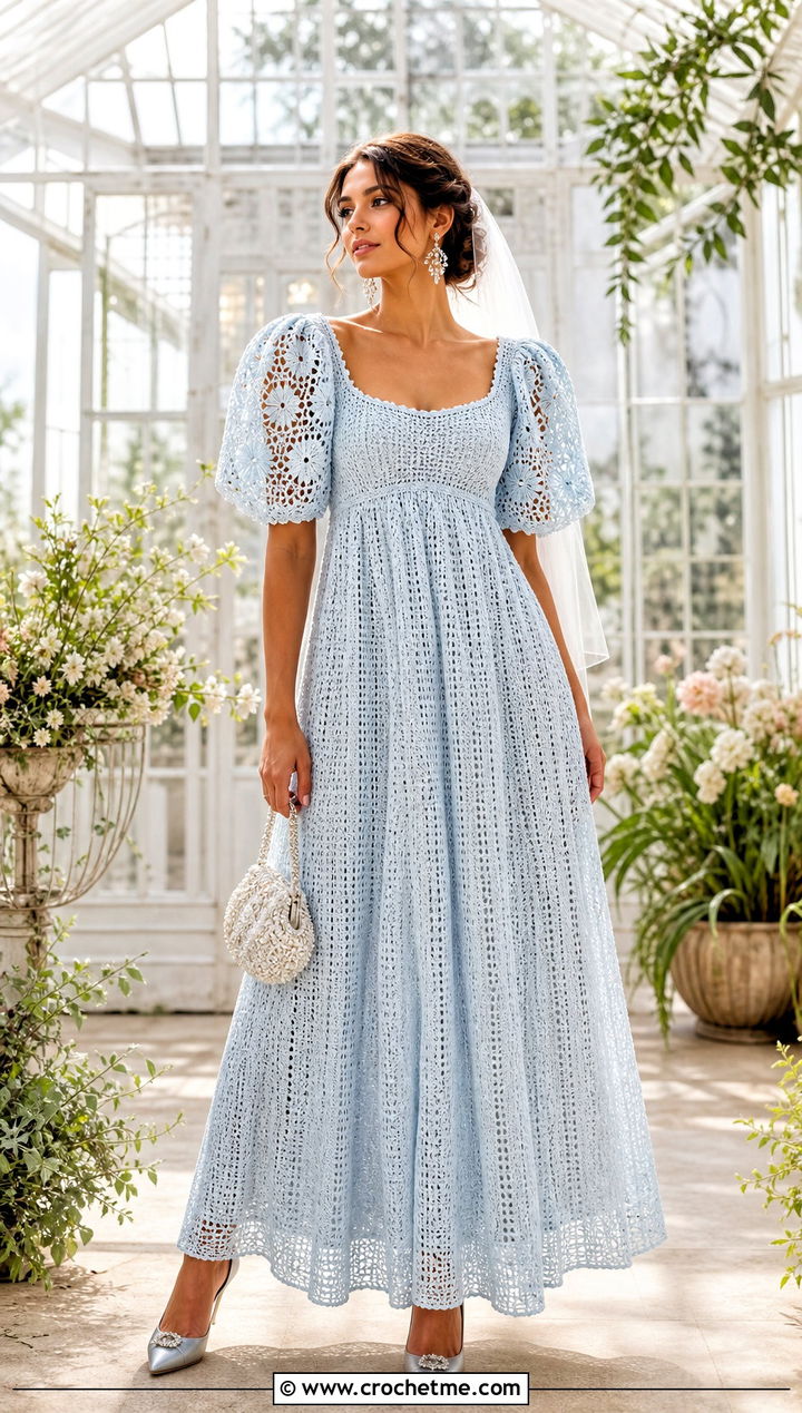 Puff Sleeve Crochet Empire Wedding Dress - 25 Handmade Crochet Wedding Dress outfit ideas