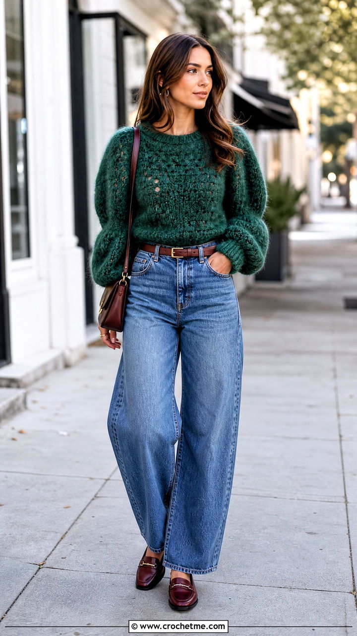 Puff Sleeve Crochet Fluffy Sweater With Barrel Leg Jeans - 35 crochet fluffy sweater outfit ideas