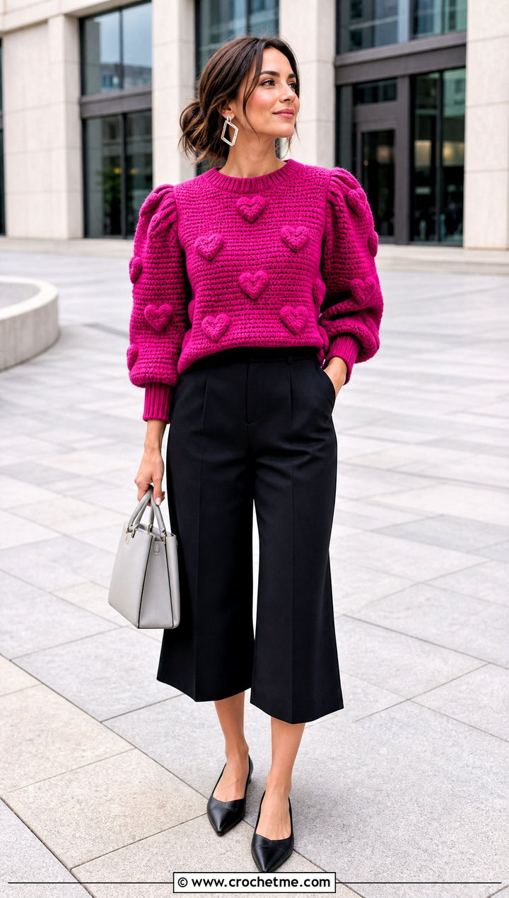 Puff Sleeve Crochet Heart Sweater With Culottes - 35 crochet heart sweater outfit ideas