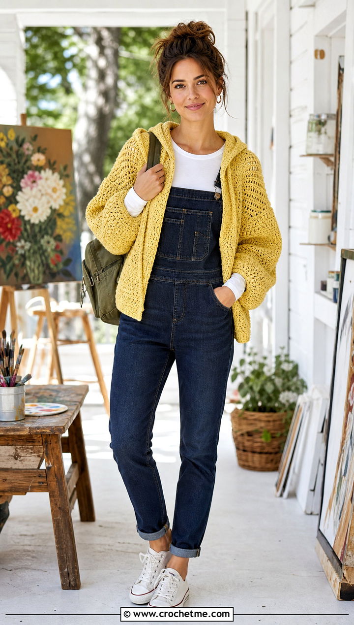 Puff Sleeve Crochet Hoodie Cardigan With Overalls - 30 crochet hoodie cardigan outfit ideas
