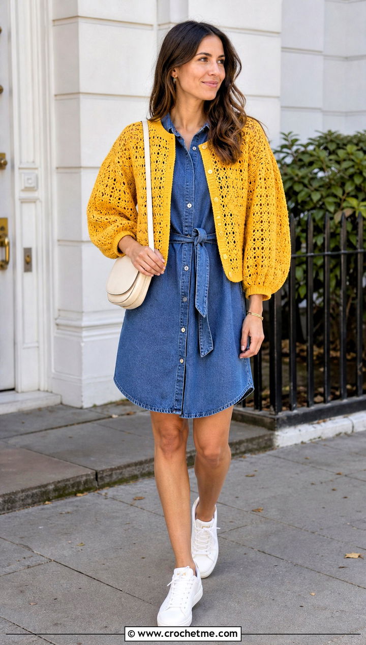 Puff Sleeve Crochet Jacket With Denim Shirtdress - 20 Lacy Crochet Jacket outfit ideas