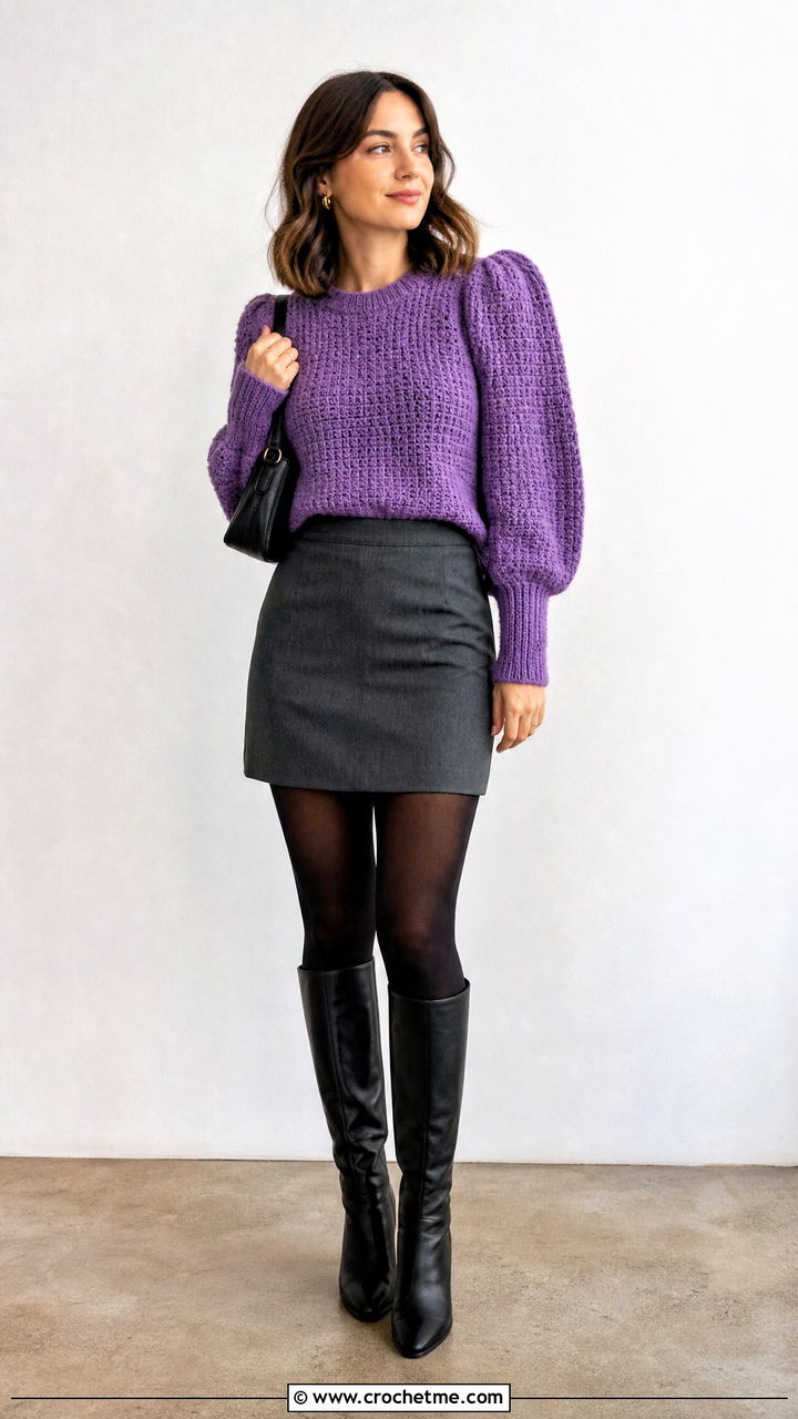 Puff Sleeve Crochet Jumper With Tailored Mini Skirt - 35 crochet jumper outfit ideas